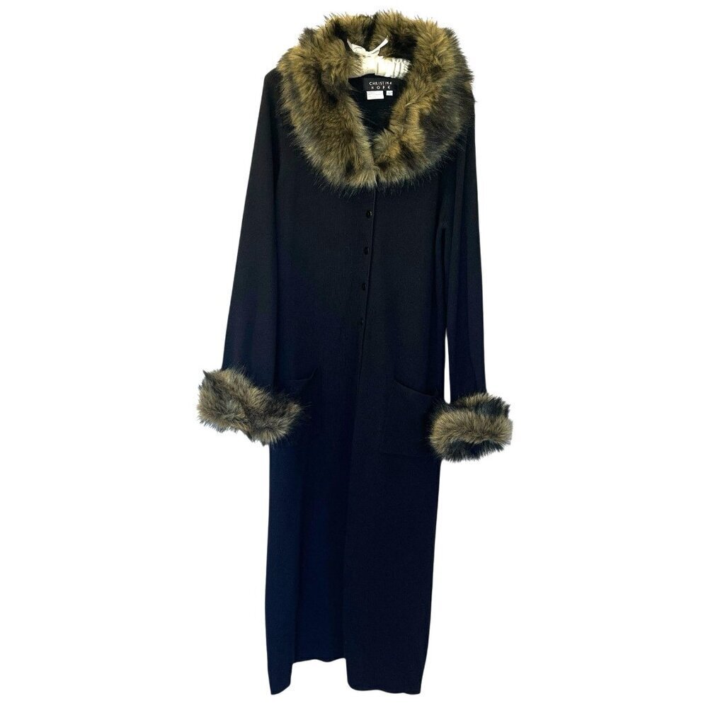 Vtg Penny Lane Style Duster Cardigan Sweater Faux Fur Trim Acrylic Wool L Boho